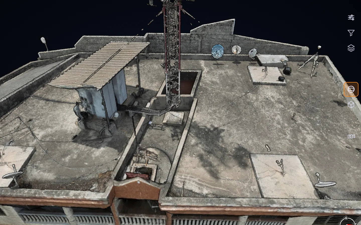 Nuage de points d'un site télécom en toiture dans le viewer Infradesk